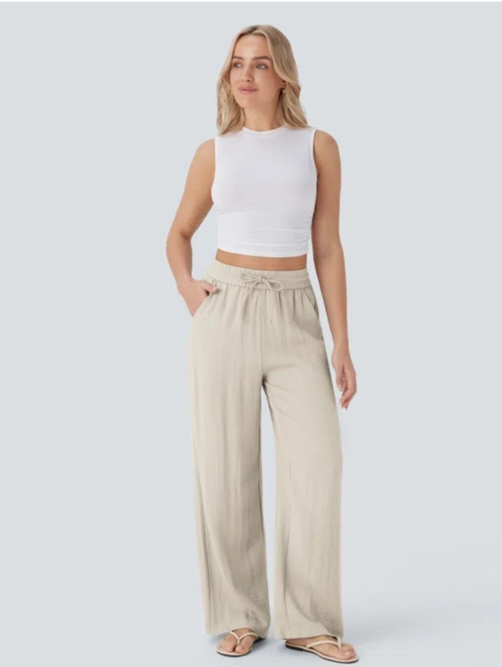 HALARA Relaxed Wide-Leg Drawstring Pants in Light Beige